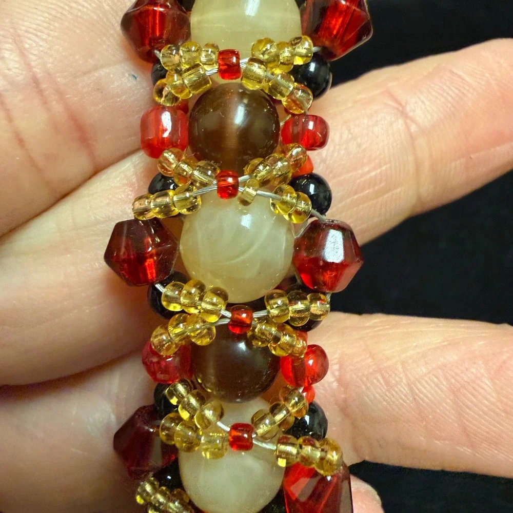 Handmade Beaded Woven Bracelet Red Amber‎ Brown Glass Crystal Boho Statement